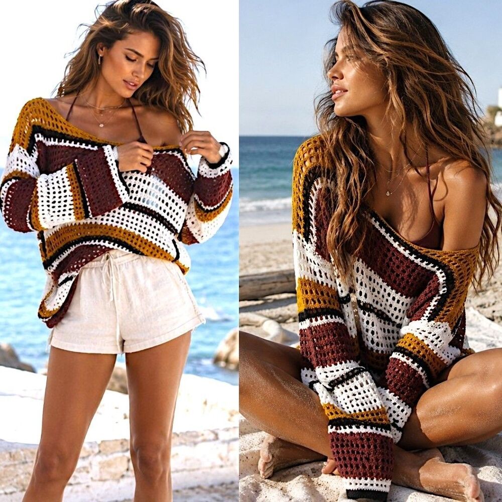 Crochet Cotton 2X Coastal Cowgirl Sweater Striped Beach Pullover Nine West Top
